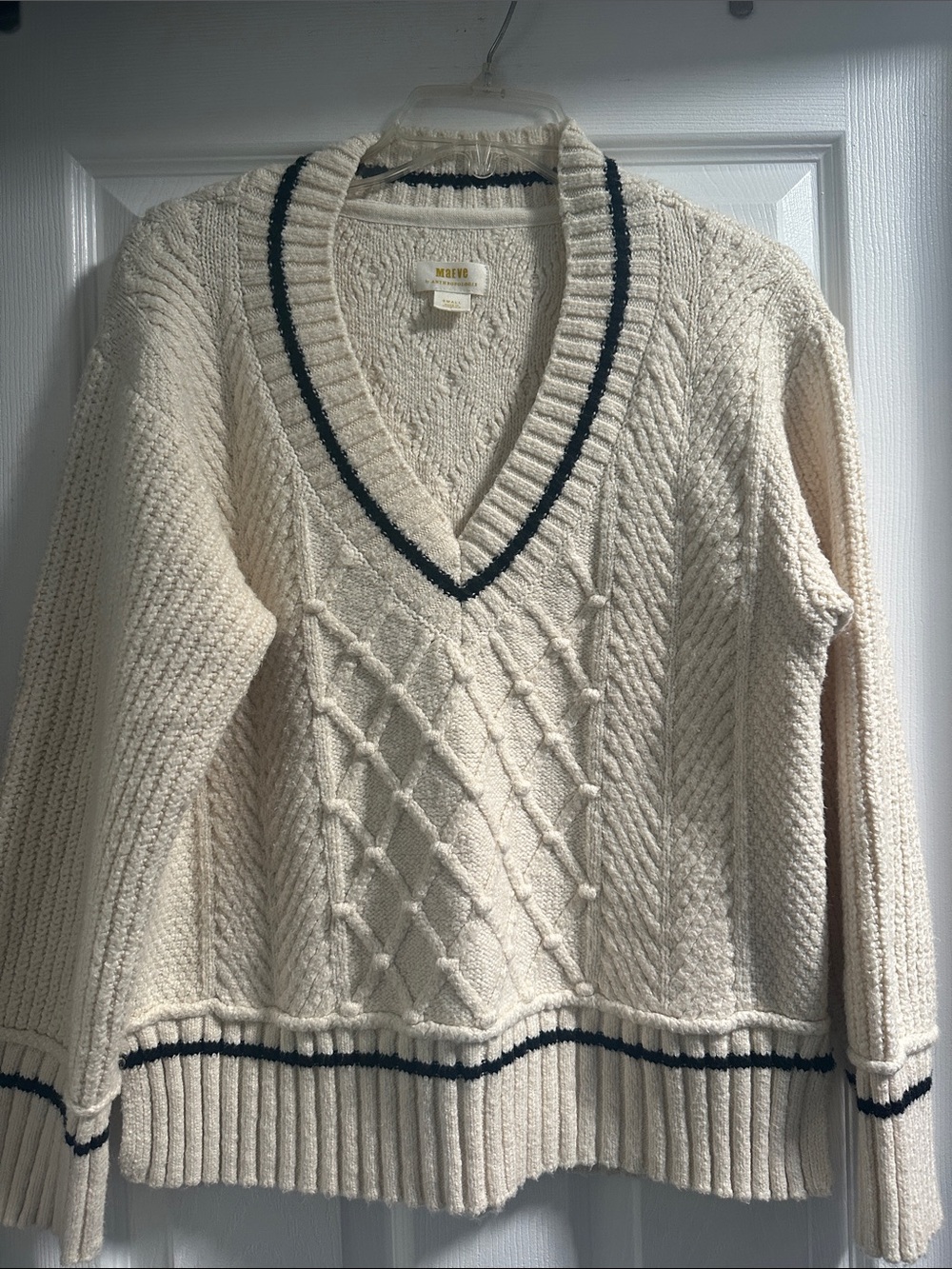 Anthropologie Maeve Cream V-Neck Cable Knit Sweater with Black Trim